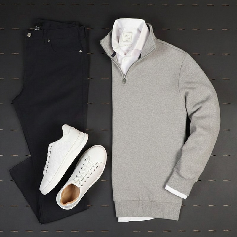 پکیج دورس مردانه نیم زیپ مدل Behbod-طوسی  پیراهن مردانه سفید VQ